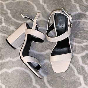 White Snakeskin Square Toe Block Heels